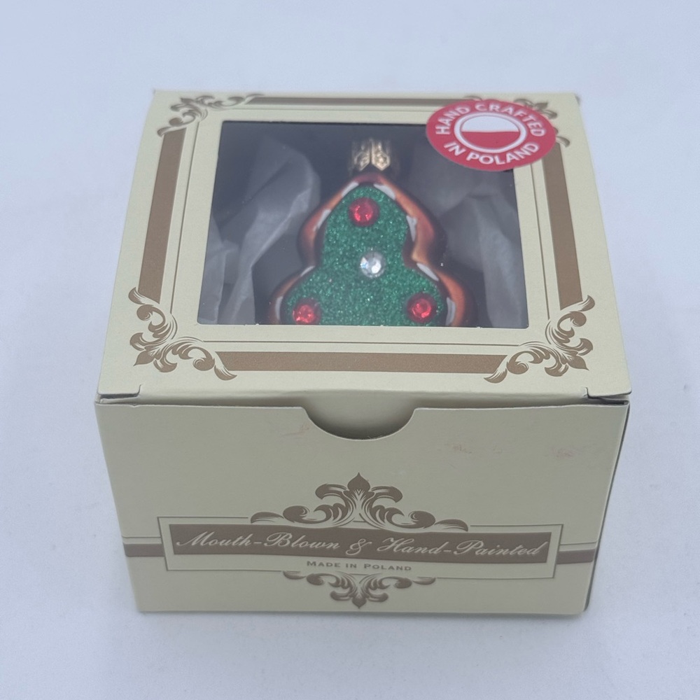 Christmas Tree Cookie Gingerbread Ornament Hand Painted Blown Glass Poland NIB!